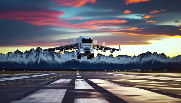 A white SemiTractor with wings taking off from airport flying over mountains-1